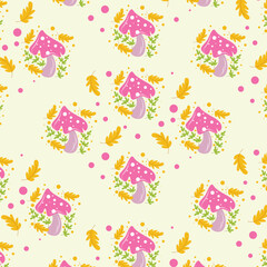 Naklejka premium Seamless cartoon pattern with cute pink mushroom doodle
