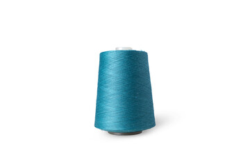Spool of sewing thread isolated on white background. Blue green thread used by factories in the clothing industry.