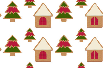 Seamless pattern of cookies in the form of a Christmas tree and a house. New Year's pattern.