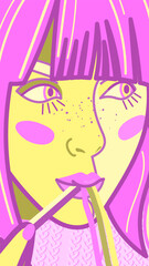 Bright art portrait of a female face with long bangs. 