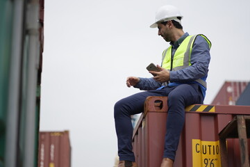 Fototapeta na wymiar Dock worker man in safety vest work in container port terminal. male Industrial Engineer in Hard Hat, High-Visibility Vest Working. Inspector or Safety Supervisor in Container Terminal. shipping yard.