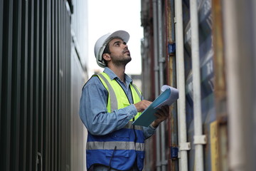 Dock worker man in safety vest work in container port terminal. male Industrial Engineer in Hard Hat, High-Visibility Vest Working. Inspector or Safety Supervisor in Container Terminal. shipping yard.