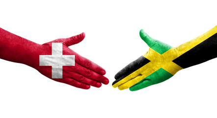 Handshake between Switzerland and Jamaica flags painted on hands, isolated transparent image.