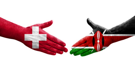 Handshake between Switzerland and Kenya flags painted on hands, isolated transparent image.