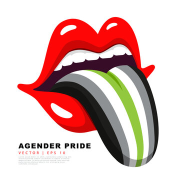 Bright red lips with a protruding tongue, painted in the colors of the flag of agender pride. A colorful logo of one of the LGBT flags. Lack of gender identity. Sexual identification.