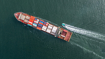 Aerial view container cargo ship global business logistic transportation import export container...