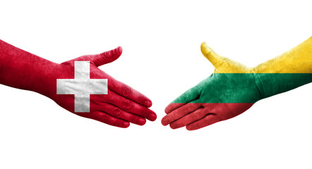 Handshake between Switzerland and Lithuania flags painted on hands, isolated transparent image. - obrazy, fototapety, plakaty