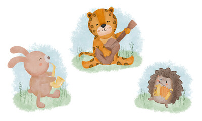 Set Of Animals Play Music. Cute Tiger, Bunny, And Hedgehog, Playing On Different Instruments. Cartoon Watercolor Illustration
