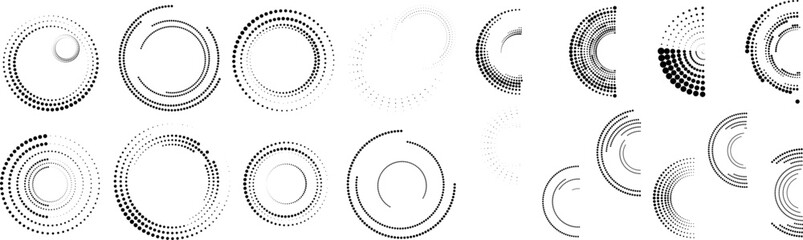 Design elements with circular halftone dots. Vector rotating dotted circles design . Half tones collection . Concentric circles for posters, social media, promotion,  flyer, covers .Dotted frames
