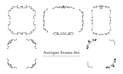 アンティーク調のモノクロフレームのイラストセット（白背景・ベクター・切り抜き）