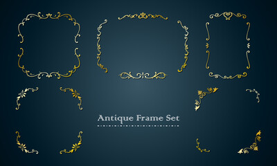 アンティーク調のゴールドフレームのイラストセット（ベクター）