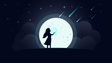 Girl on the background of the moon. Male silhouette Silhouette of a girl holding a star. Full moon in the starry sky. Vector illustration for use in printing, textiles, design, decor