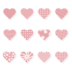 Hearts with different geometric patterns. Set of hearts with different ornaments. Pink hearts for valentine's day. Kit.