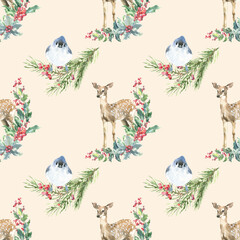 Watercolor Christmas beige seamless pattern. Winter flowers, poinsettia, holly berry, pine cone, bird, deer,stag, evergreen branch illustration.New year, xmas print, fabric,textile,scrapbooking