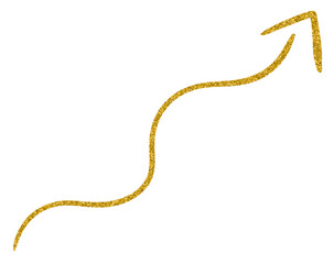 Golden glitter hand-drawn retro shapes. Arrow, wavy lines, Curve line