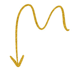 Golden glitter hand-drawn retro shapes. Arrow, wavy lines, Curve line