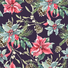 Watercolor Christmas violet seamless pattern.Winter flowers, poinsettia, holly berry, pine cone, fir,spruce, evergreen branch,twig, berry illustration.New year, xmas print, fabric,textile,scrapbooking
