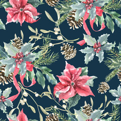 Watercolor Christmas blue seamless pattern. Winter flowers, poinsettia, holly berry, pine cone, fir,spruce, evergreen branch,twig, berry illustration.New year, xmas print, fabric,textile,scrapbooking
