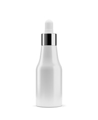 White bottle with pipette on white background. Mock up with no label. 3d rendered illustration.