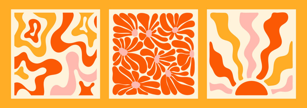 Hippie fun gift card squared template set. Retro flower power background. Vintage 1970s floral squared poster. 1960s nostalgic groovy vector illustration.