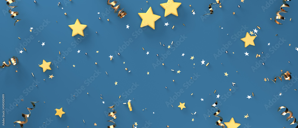 Sticker serpentine streamers with stars and confetti - 3d render illustration