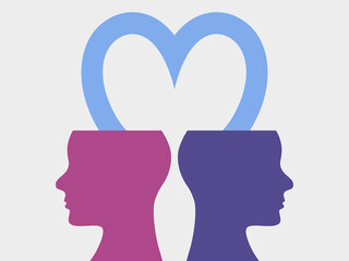 Two persons loving each other conceptual symbol. Bound by a hearts symbol. Minimalist design. Vector.