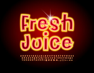 Vector glowing poster Fresh Juice. Bright handwritten Font. Funny neon Alphabet Letters and Numbers set. 