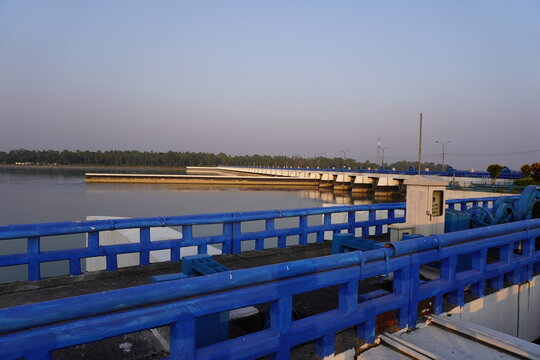 "Tista" bridge over Tista river in Hatibandha, Bangladesh aerial view at sunset