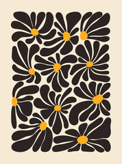 Hippie fun background. 1960s nostalgic groovy vector illustration. Retro flower power gift card template. Vintage 1970s floral poster.