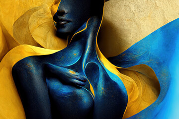 Sensual golden and blue body art on a woman, creating a stunning visual piece for modern art and elegance themes.   generative ai    