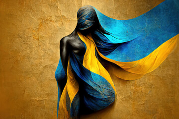 Vibrant body art of a woman wrapped in blue and gold, symbolizing grace and movement, perfect for creative expression themes.    generative ai