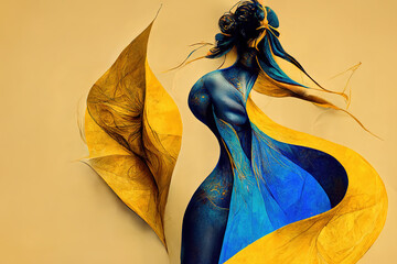 Captivating abstract art of a woman's body painted in vibrant blue and gold, blending with swirling shapes for a mystical effect. generative ai      
