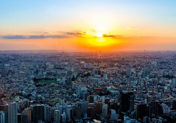 Skyscrapers towering over the cityscape of Nishi-Shinjuku, Tokyo, Japan at sunset