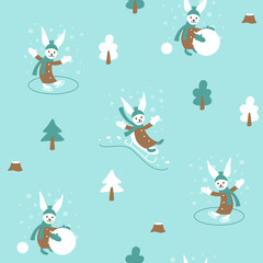 Rabbits and winter walk. Cute rabbits are skating, sledding and making a snowman surrounded by forest and snowfall. Seamless vector pattern on a blue background.