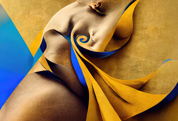 Abstract art of woman's silhouette blending with golden and blue leaf textures, conveying elegance and fluidity in body art     generative ai