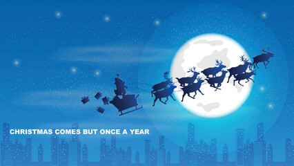 Naklejka premium Christmas and New Years illustration a reindeer team carries santaclaus in the night sky against the background of the moon over the night city
