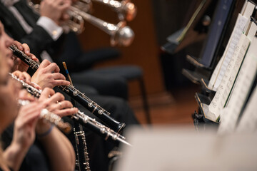 A side shot of a woodwind section during a symphony orchestra concert