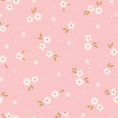 Cute floral pattern. Seamless vector texture. An elegant template for fashionable prints. Print with white flowers and dots, gold leaves. pink background.