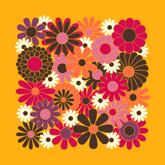 Fototapeta na wymiar Hippie fun background. Retro flower power squared gift card template. Vintage 1970s floral poster. 1960s nostalgic groovy flat vector illustration.