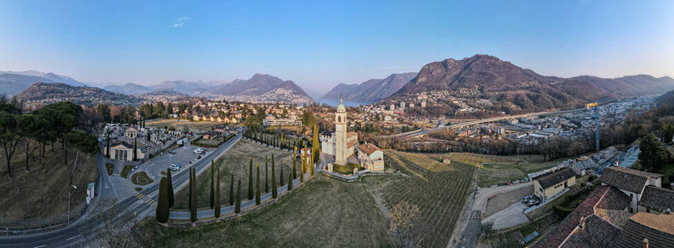 Drone view at church and cemetery of Gentilino near Lugano in Switzerland