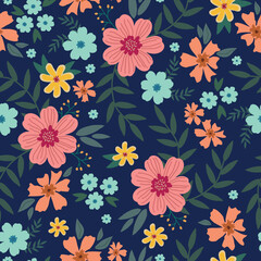 Fototapeta na wymiar Cute floral pattern. Seamless vector texture. An elegant template for fashionable prints. Print with pink,yellow and blue flowers, green leaves. dark blue background.