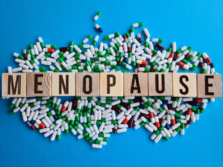 Menopause text and medical pills and space for text