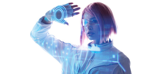 Woman in futuristic costume. Female in modern VR glasses interacting with network while having virtual reality experience. Augmented reality game, future technology, AI concept. VR. Neon blue light.