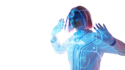 Woman in futuristic costume. Female in modern VR glasses interacting with network while having virtual reality experience. Augmented reality game, future technology, AI concept. VR. Neon blue light.