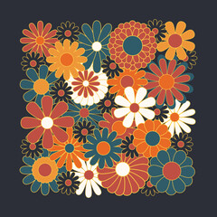 Hippie fun background. Retro flower power squared gift card template. Vintage 1970s floral poster. 1960s nostalgic groovy flat vector illustration.