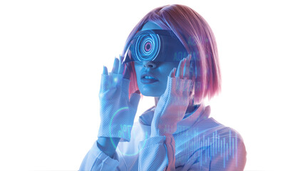 Woman in futuristic costume. Female in modern VR glasses interacting with network while having...