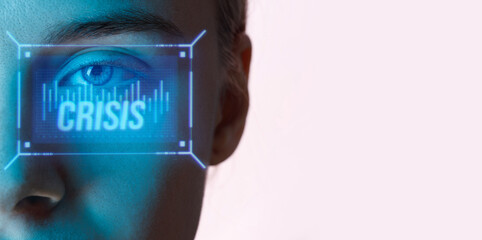 Close up view of blue eye with futuristic holographic interface to display data. Portrait of beautiful young woman, half of face. Augmented reality, future technology, internet concept.