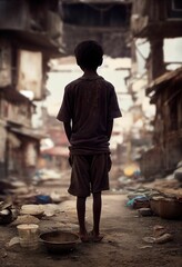 AI generated image of a poor kid walking in a suburban street