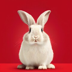 3D digital render of an adorable fluffy white bunny on a red background