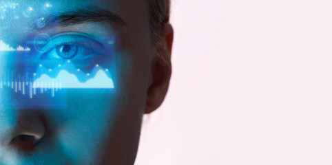Close up view of blue eye with futuristic holographic interface to display data. Portrait of...